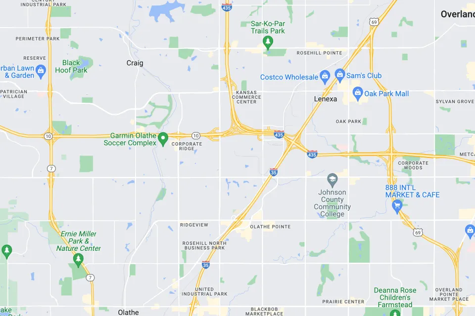A map view of K-10 where it cuts across Johnson County, Kansas.